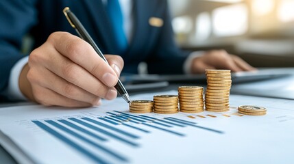 Businessman analyzing financial data with gold coins.