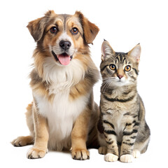 Dog and cat sitting together and looking into the camera, isolated on white background.