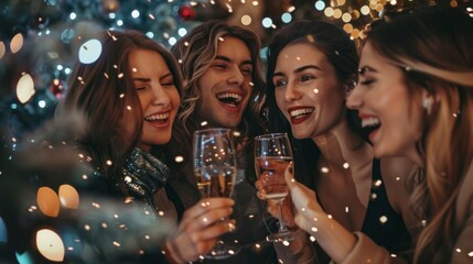 Obraz premium A group of people are laughing and drinking champagne together