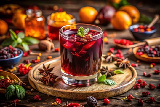 Refreshing and Vibrant Zobo Drink Served in a Glass with Garnish and Colorful Ingredients Surrounding