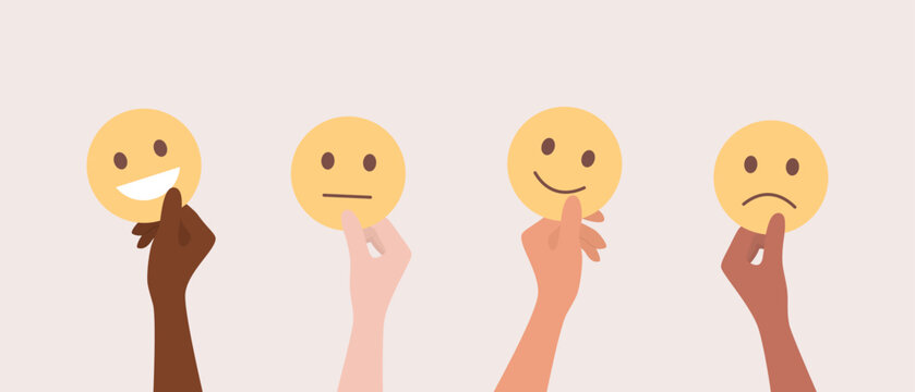 Hands of people of different nationalities and skin tones holding different emojis. Flat vector illustration