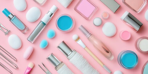 Naklejka premium A flat lay of various beauty and skincare products on a pastel pink background.