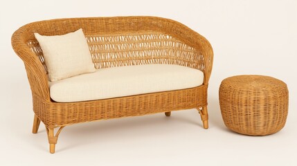 Boho interior design with natural rattan furniture in a cozy living room