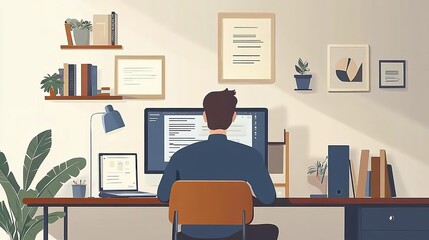 Fototapeta premium A modern workspace featuring a person focused on coding at a computer desk with books, plants, and decorative items.