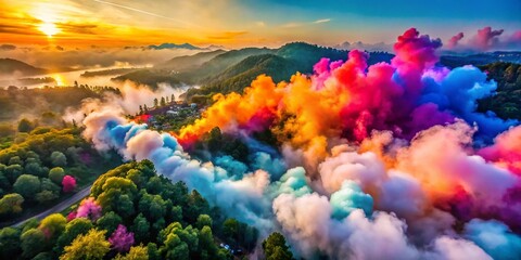 Relaxed atmosphere with colorful smoke swirling in the air, creating a vibrant and dreamy scene