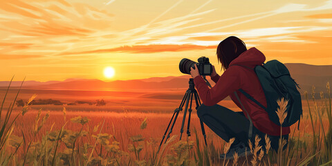 Fototapeta premium A landscape photographer setting up her equipment to capture the perfect shot of a sunrise over a secluded meadow.