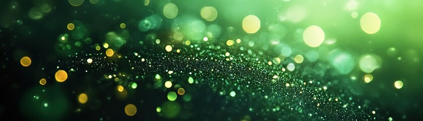 Obraz premium A captivating abstract background featuring shimmering green particles and soft glowing orbs, perfect for creative projects.