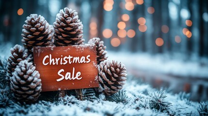 Festive pine cones and wooden sign announcing Christmas sale in a snowy forest setting