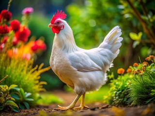 Fototapeta premium Rhode Island White Hen Strutting in the Garden, Vibrant Feathers and Bright Eyes Captured in Nature