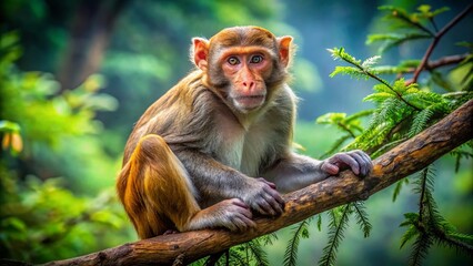 Obraz premium Rhesus Macaque Monkey Sitting on Tree Branch in Natural Habitat with Lush Green Background