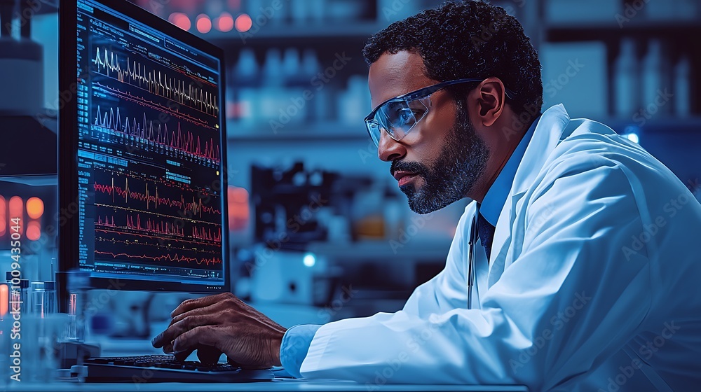Poster a scientist in a lab coat works on a computer with data on the screen.