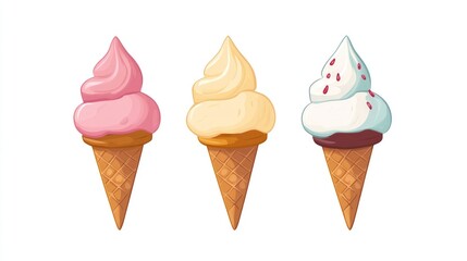 Set of three cartoon ice cream cones with different flavors.