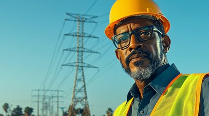 Construction worker with power lines in background.