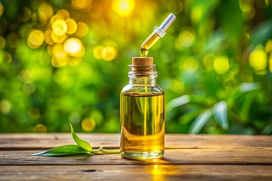RSO oil in a glass dropper bottle on a wooden surface with natural lighting and green background