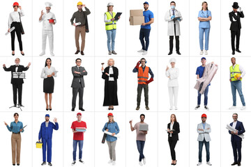 People of different professions on white background, collage