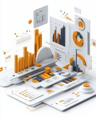 Colorful data visualization with graphs, charts, and statistics on a white background for business analysis.