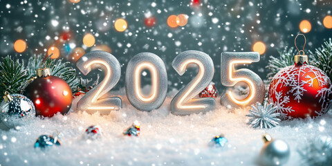 Bright silver numbers "2025" with neon outlines, surrounded by festive ornaments and falling snowflakes.
