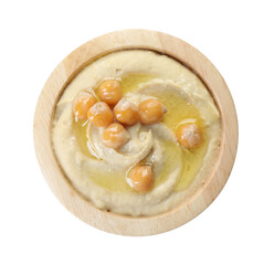Delicious hummus with olive oil and chickpeas isolated on white, top view