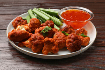 Baked cauliflower buffalo wings with celery and sauce on wooden table, closeup