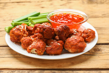 Tasty cauliflower buffalo wings, sauce and celery on wooden table, closeup