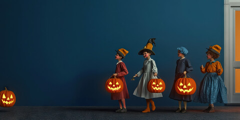 Trick-or-treaters in vintage 1950s costumes knocking on doorways with carved jack-o'-lanterns glowing against a dark blue background.