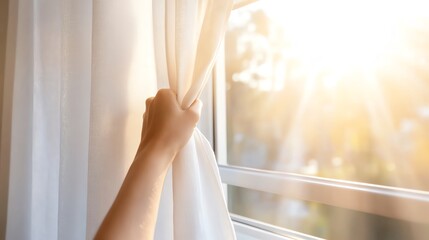 A hand gently pulling back a curtain to reveal a sunny day through a window, inviting warmth and light into the room.
