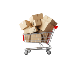 Shopping cart filled with cardboard boxes, symbolizing online shopping, delivery, logistics, transportation, and retail business concepts. isolated PNG background.