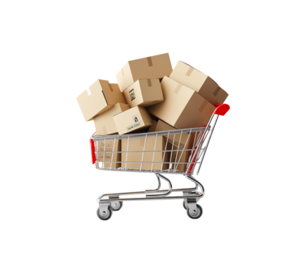 Shopping cart filled with cardboard boxes, symbolizing online shopping, delivery, logistics, transportation, and retail business concepts. isolated PNG background.