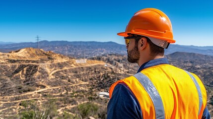 Construction worker looking at the city landscape.