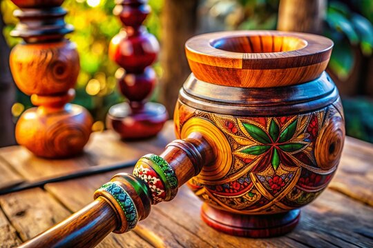 Rustic wooden cachimbo with intricate carvings displayed on a textured surface in natural light
