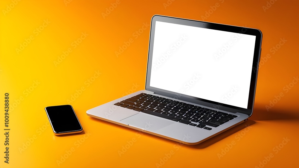 Fototapete laptop and smartphone isolated on yellow and orange gradient background. 3d rendering of laptop with