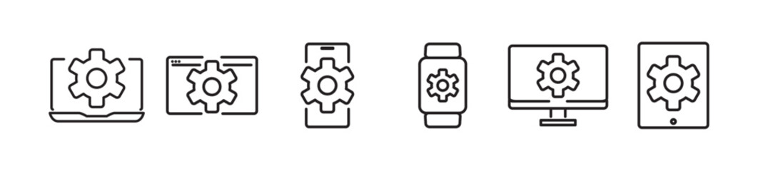 Gadget settings line icon set. Simple icon set of Update, upgrade, configuration, preferences, adjustments, operation, Containing options, progress bar install vector icon on transparent background.