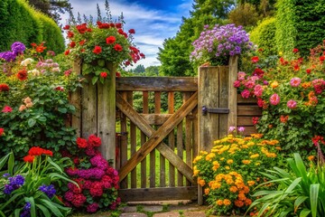 Fototapeta premium Rustic Wooden Farm Garden Gate Surrounded by Lush Greenery and Vibrant Flowers in Beautiful Landscape