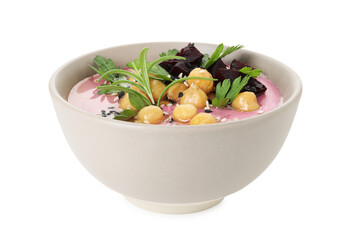 Tasty beetroot hummus and chickpeas in bowl isolated on white