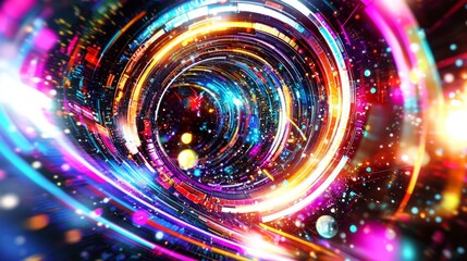 Vibrant abstract colorful neon lights create mesmerizing tunnel effect, evoking sense of depth and movement. swirling patterns and bright hues captivate viewers imagination