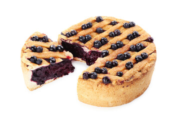 Cut homemade blueberry pie isolated on white