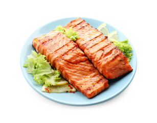 Delicious grilled salmon fillets with lettuce and lemon isolated on white