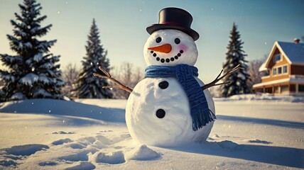 Cute snowman in a scarf and hat against the background of a winter snowy forest. New Year and Christmas card.