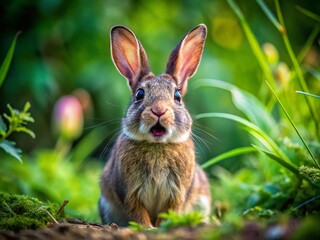Fototapeta premium Scared Rabbit in a Natural Setting with Alert Expression and Ears Raised in Fearful Anticipation