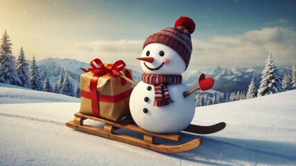 Cute cartoon snowman in a sleigh with gifts against the background of a winter snowy forest. New Year and Christmas card.