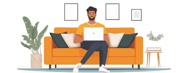 A young man sits on a modern orange sofa, working on a laptop in a cozy living room with plants and empty picture frames.