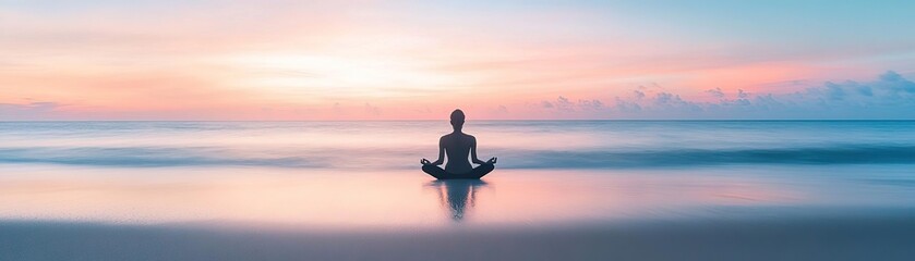 Fototapeta premium A peaceful silhouette meditating by the sea at sunset, embodying tranquility and self-reflection amidst serene waves and clouds.