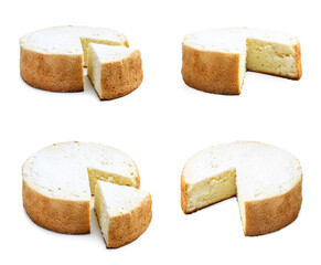 Delicious vanilla sponge cake isolated on white, collage