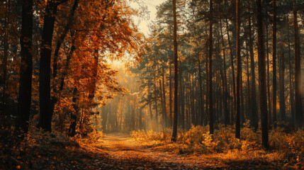 Fototapeta premium Golden autumn light filters through trees along a serene forest path during early morning hours