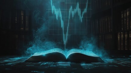 Open book projects financial graph with misty aura