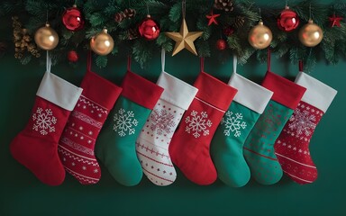 Red Christmas Stockings Filled with Gifts Hanging on Green Background