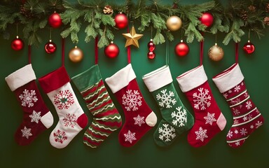 Red Christmas Stockings Filled with Gifts Hanging on Green Background
