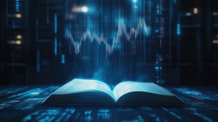 Book emits a digital financial chart in blue light.