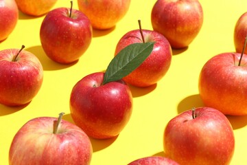 Many red apples on yellow background, closeup