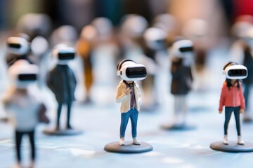 A group of miniature figures wearing virtual reality headsets on a stylized surface.